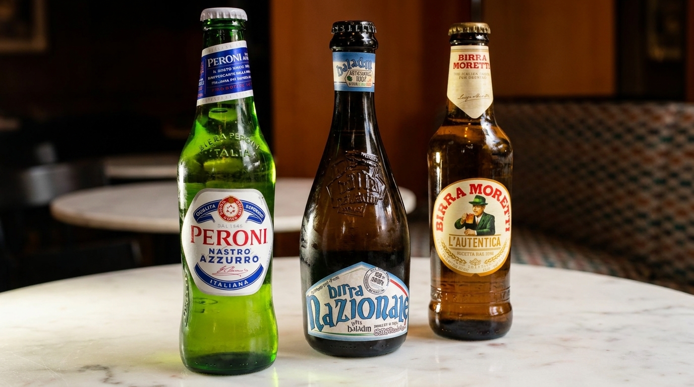 Three Italian beer bottles, Peroni, Birra Nazionale, and Birra Moretti, on a white marble table.