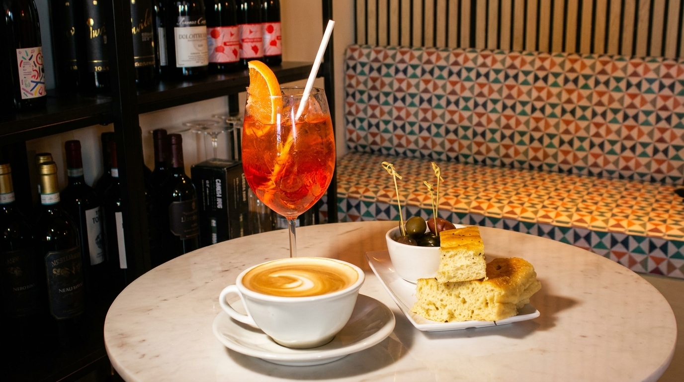 Aperol Spritz, cappuccino, focaccia, and olives on a marble table with a colorful patterned couch.
