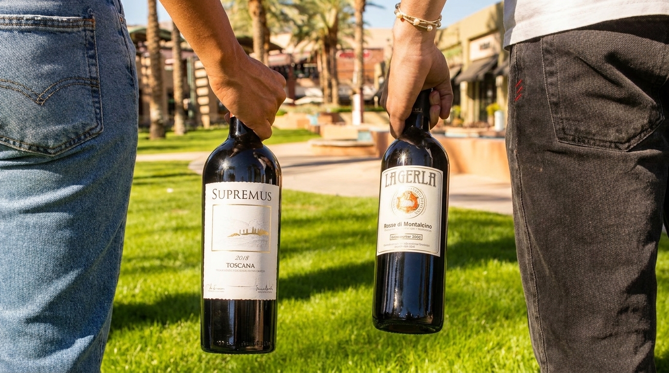 Two people holding bottles of red wine, 'Supremus Toscana' and 'Lagerla Rosse di Montalcino', outdoors.
