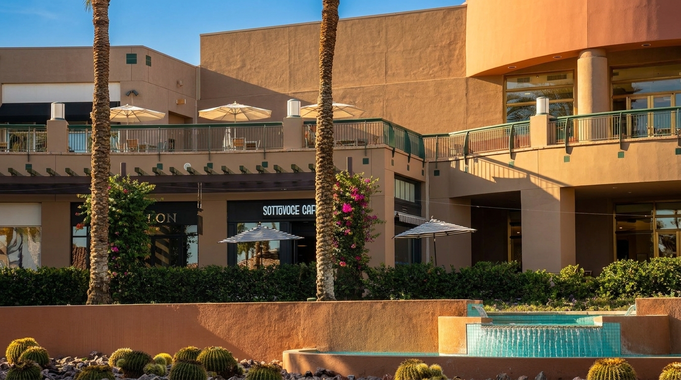 Sottovoce Cafe exterior with striped umbrellas, palm trees, a water feature, and cacti in the foreground.