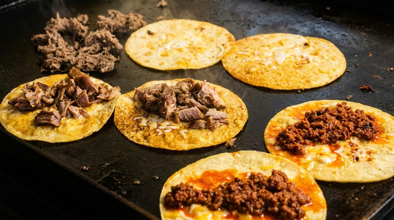 Tacos with various fillings like shredded beef, pork, and chorizo cooking on a griddle.
