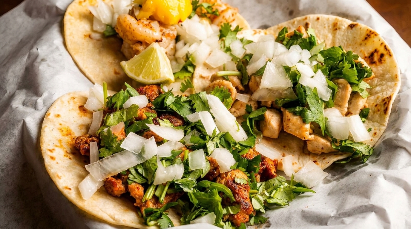 Three vibrant tacos, one with shrimp, one with chicken, and one with pork, topped with cilantro and onions.
