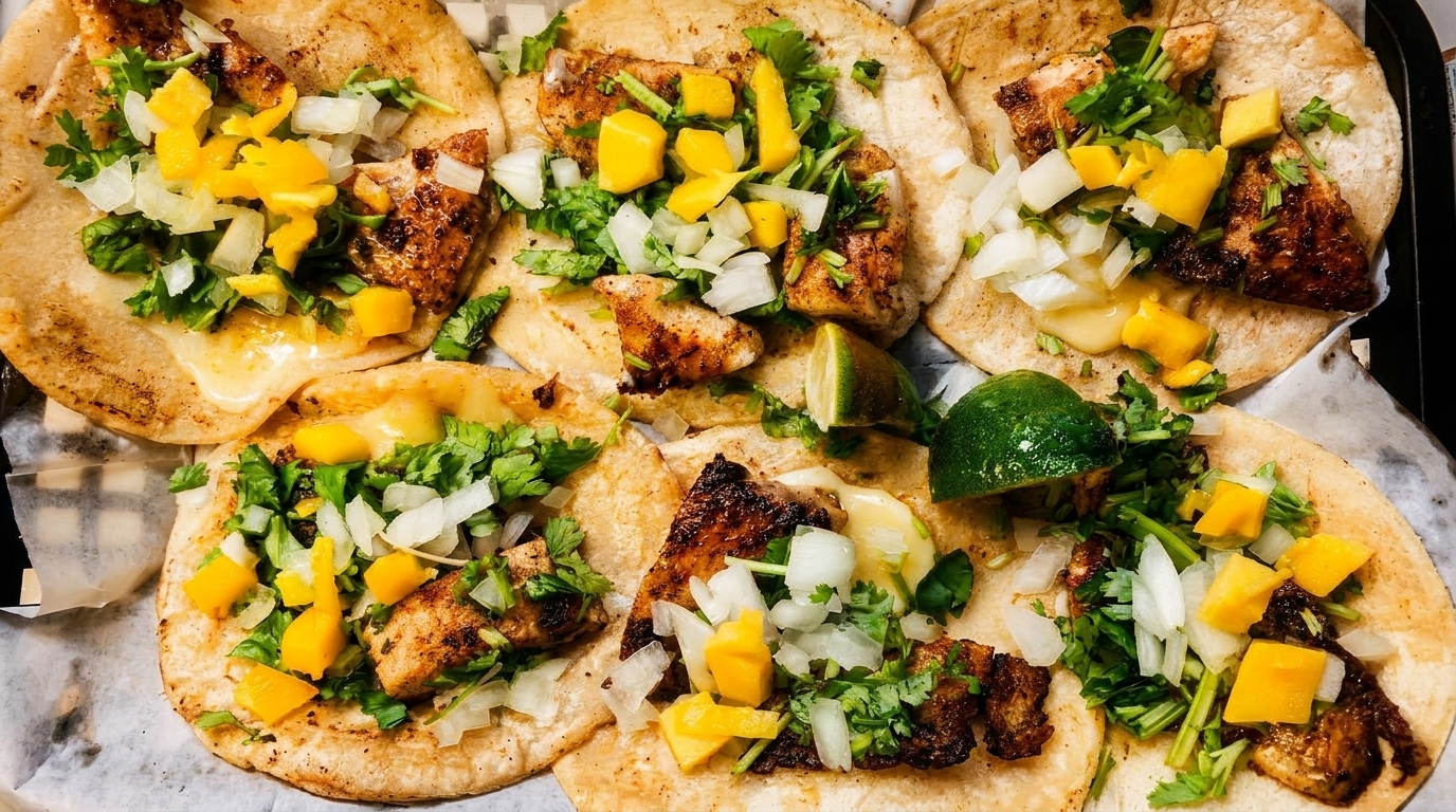 Six grilled chicken tacos with melted cheese, mango, onions, cilantro, and lime wedges.