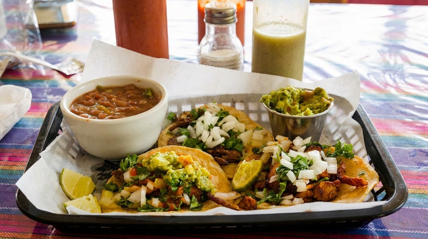 Three street tacos with various toppings, a side of beans, and guacamole on a colorful tablecloth.