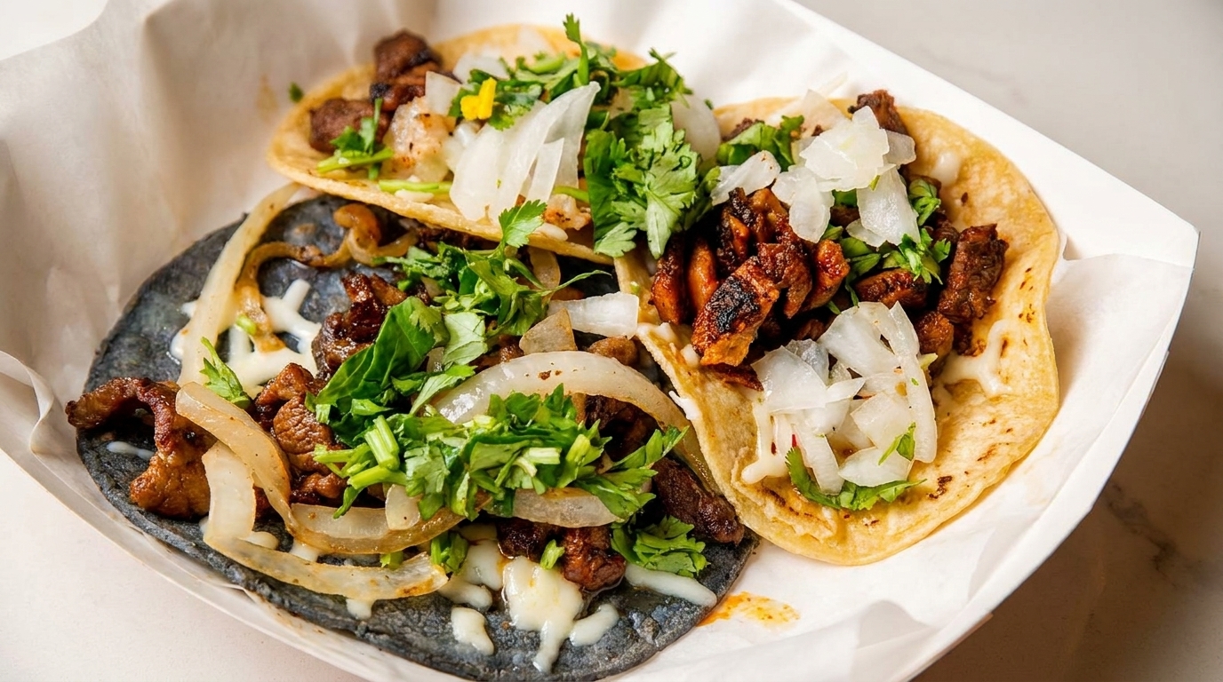 Three street tacos, one on a blue corn tortilla, filled with meat, onions, and cilantro.
