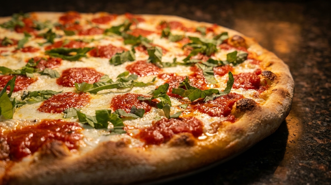 Close-up of a fresh Margherita pizza with melted mozzarella, red sauce, and basil leaves.