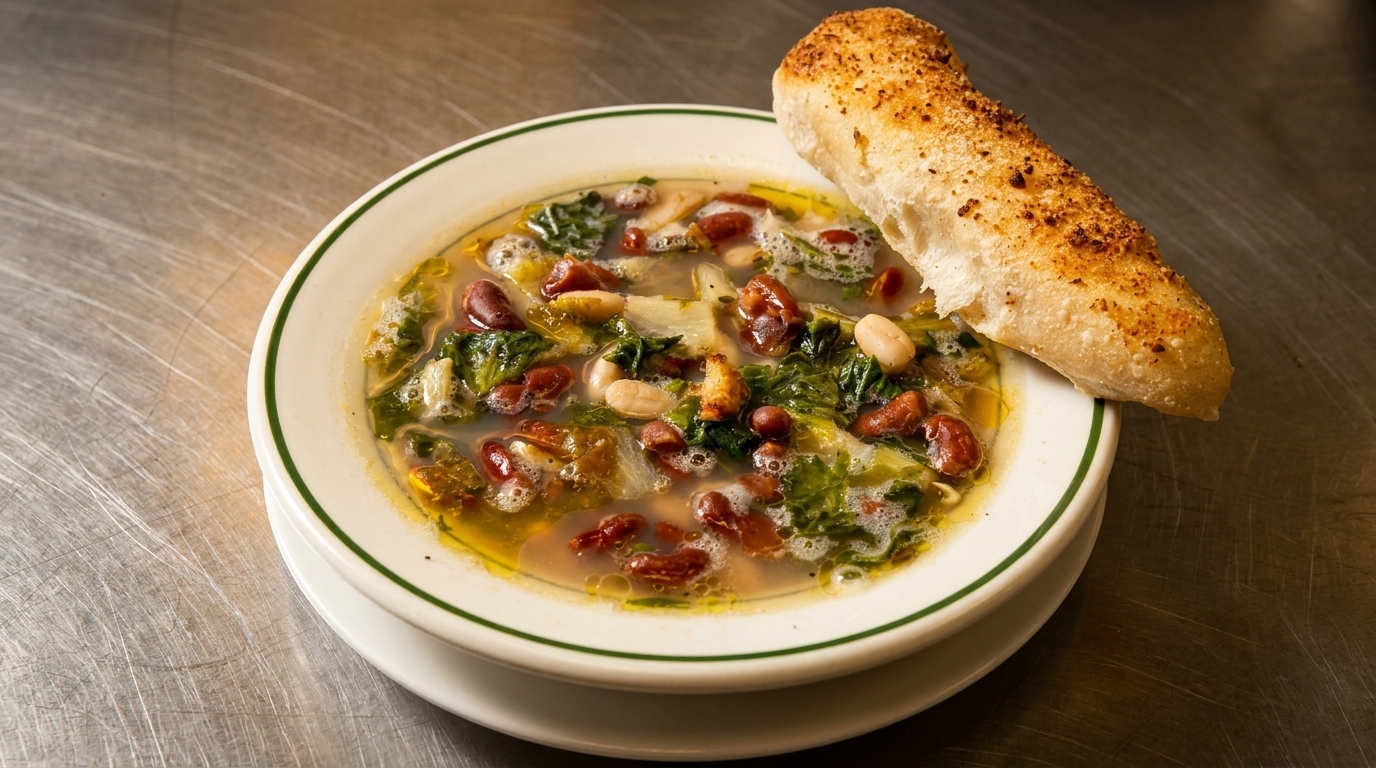 Hearty bean and greens soup with a side of toasted garlic bread on a metal surface.