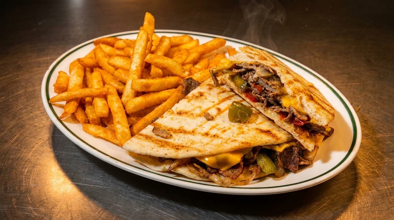 Steaming hot quesadilla filled with steak, cheese, and peppers, served with a side of golden fries.