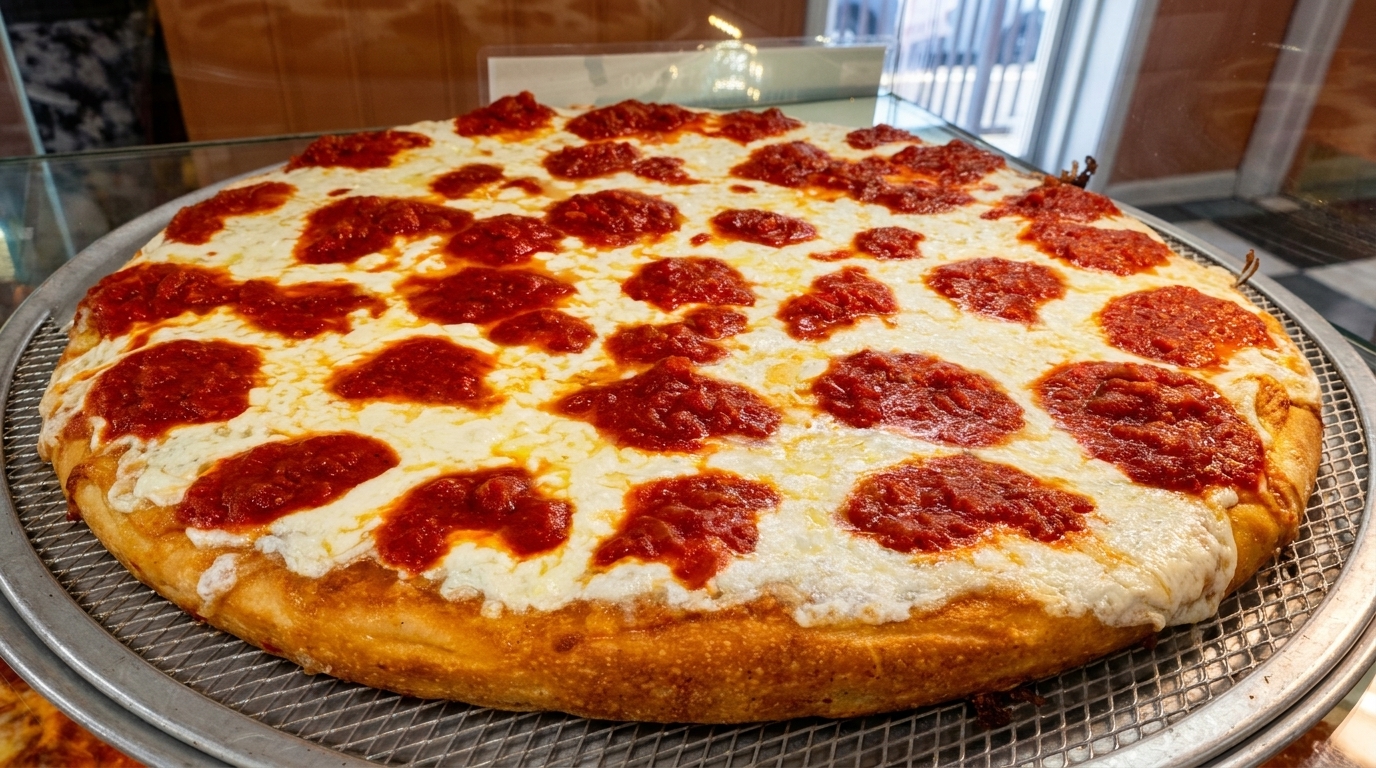 Large round pizza with white cheese and dollops of red tomato sauce on a metal rack.