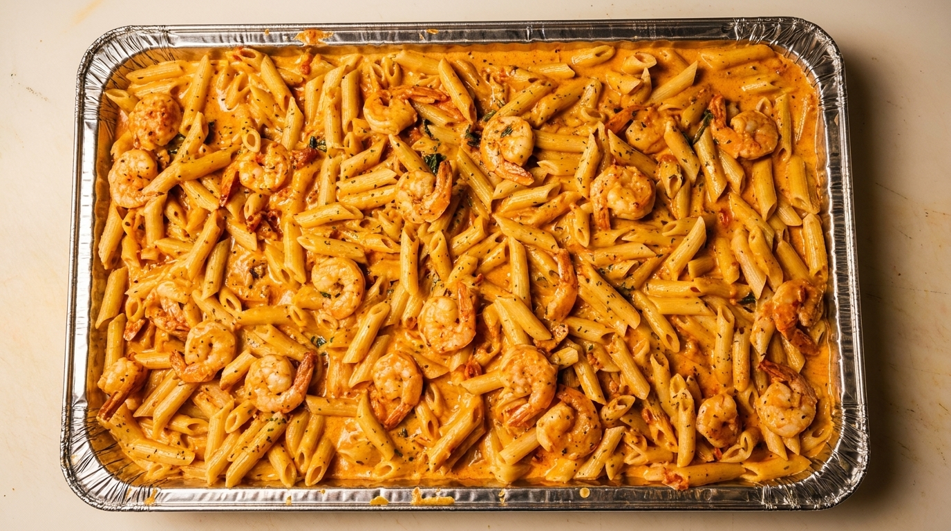 Large foil tray filled with penne pasta and shrimp in a creamy orange sauce.