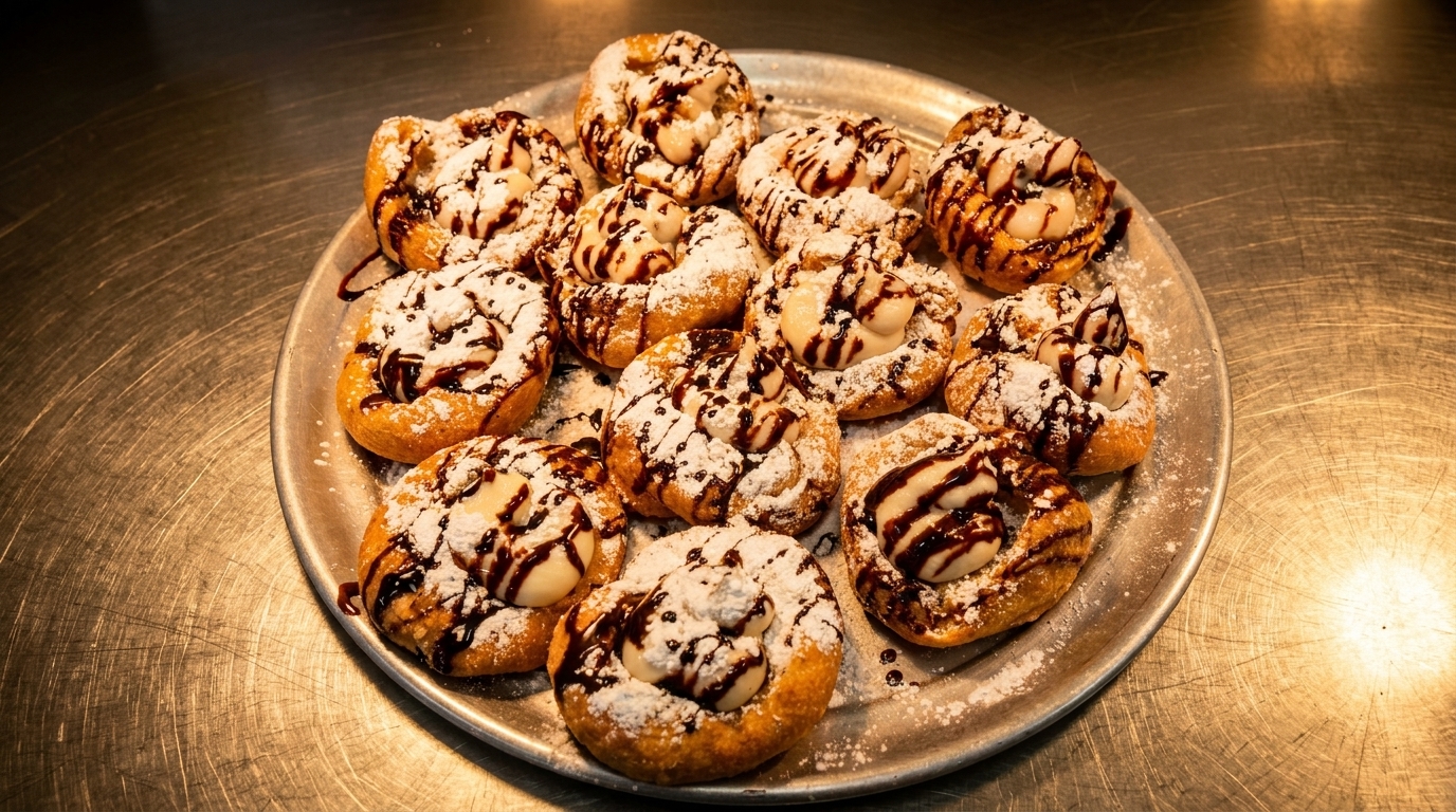 A dozen golden-brown zeppole, dusted with powdered sugar and drizzled with chocolate, on a metal tray.