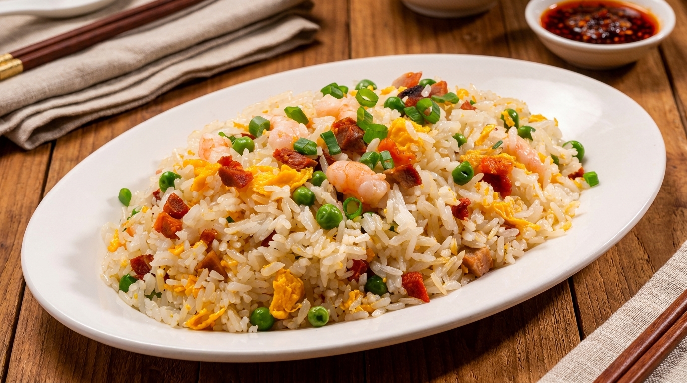 A white oval plate filled with fried rice, shrimp, peas, scrambled egg, and chopped green onions.