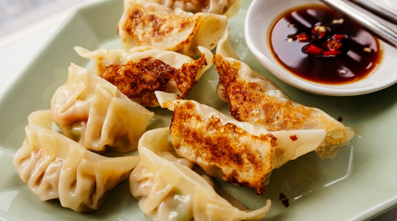 Pan-fried dumplings with crispy bottoms, served on a light green plate with a side of soy sauce and chili.