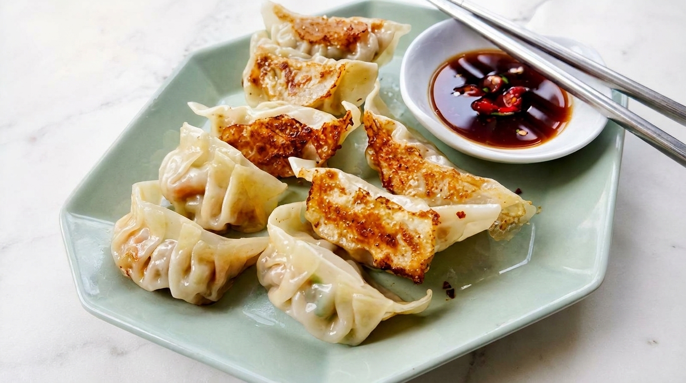Pan-fried dumplings with crispy bottoms, served on a light green plate with a side of dipping sauce.