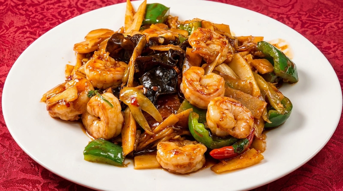 Spicy shrimp stir-fry with green peppers, bamboo shoots, and wood ear mushrooms on a white plate.