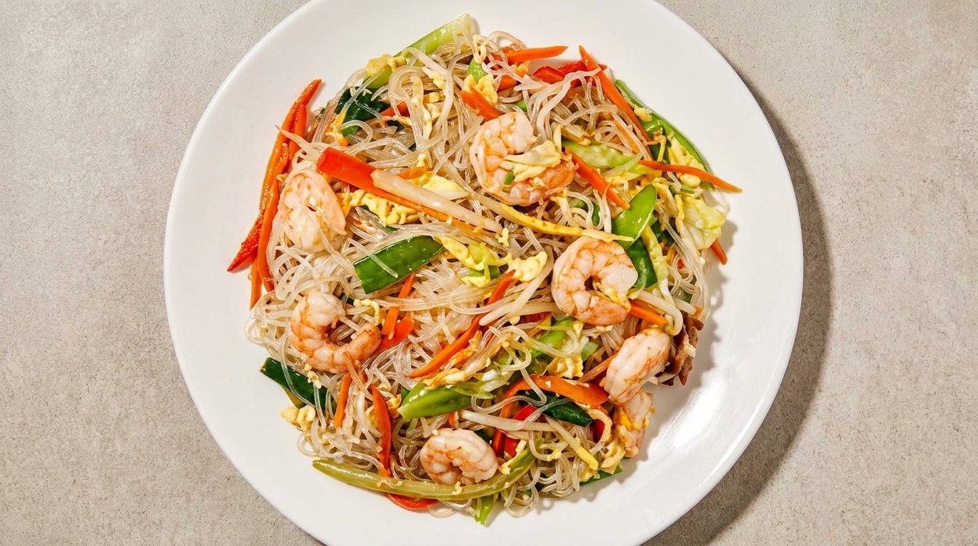 A white plate holds a vibrant dish of shrimp, clear noodles, and colorful stir-fried vegetables.