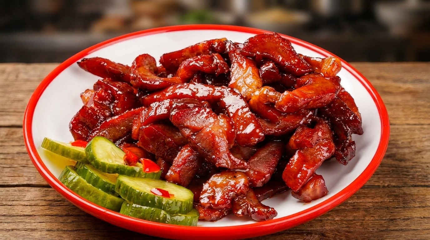 Glossy red char siu pork slices with cucumber and chili on a white plate with a red rim.