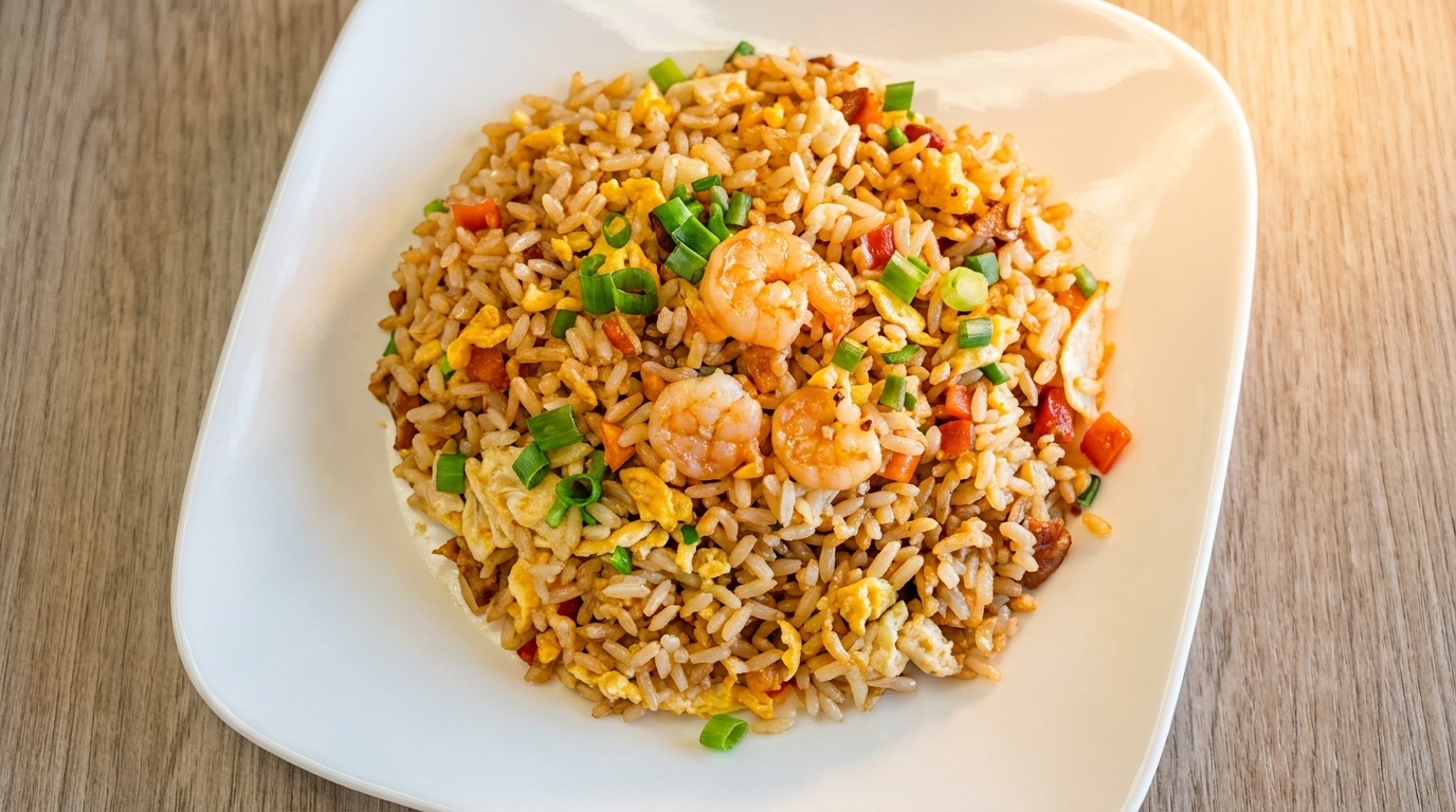 Shrimp fried rice with scrambled egg, chopped carrots, and green onions on a white plate.
