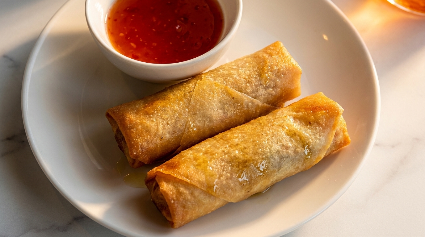 Two crispy golden spring rolls on a white plate with a side of sweet chili dipping sauce.