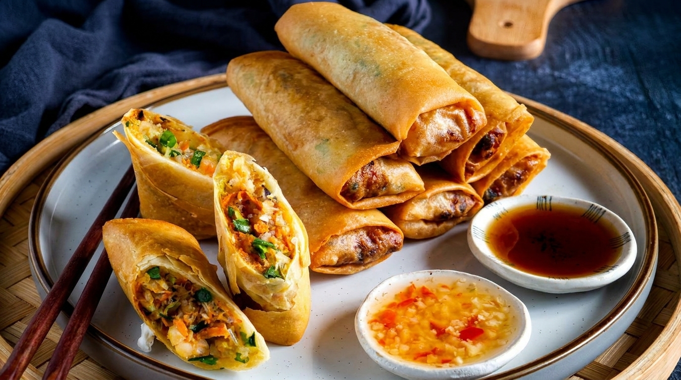 Crispy golden spring rolls, some cut open to show vegetable filling, with two dipping sauces and chopsticks.