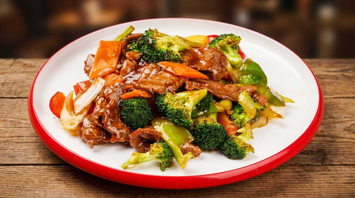 Beef and broccoli stir-fry with carrots and bell peppers on a white plate with a red rim.