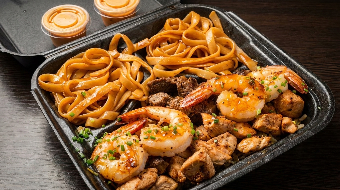 A takeout container filled with hibachi noodles, shrimp, chicken, and steak, with two sauce cups.