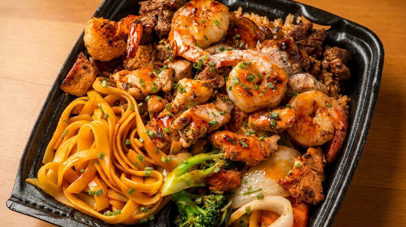 A black takeout container filled with hibachi chicken, shrimp, steak, noodles, rice, and vegetables.