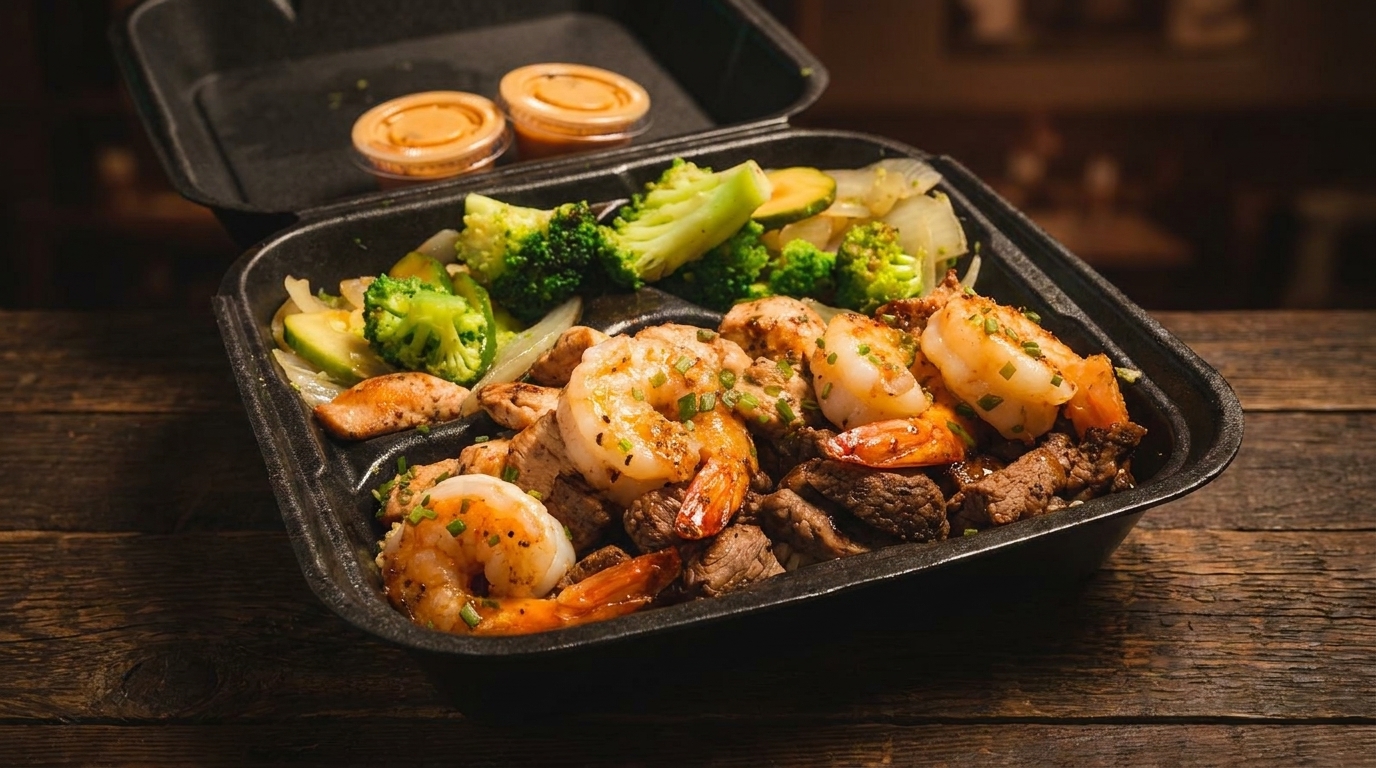 Hibachi shrimp, steak, and chicken with broccoli and zucchini in a black takeout container.