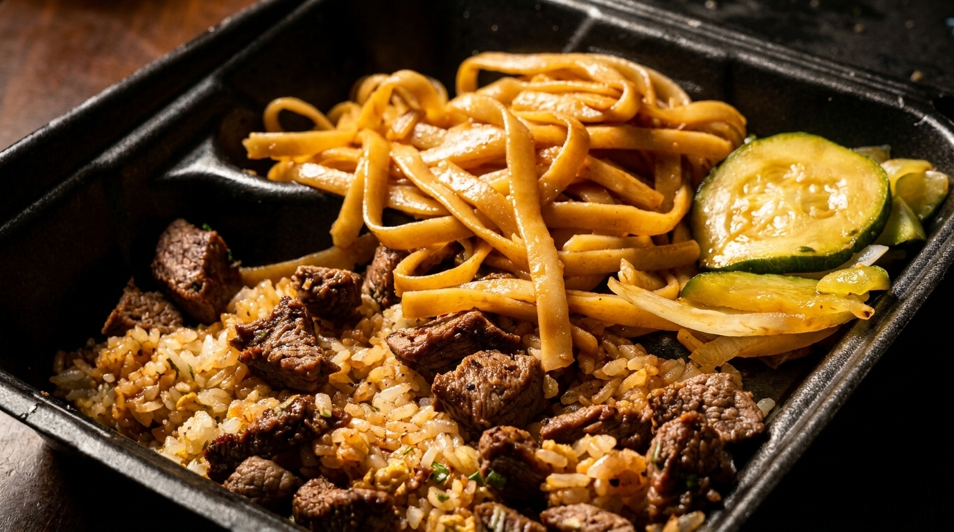Hibachi steak, fried rice, noodles, and zucchini in a black takeout container.