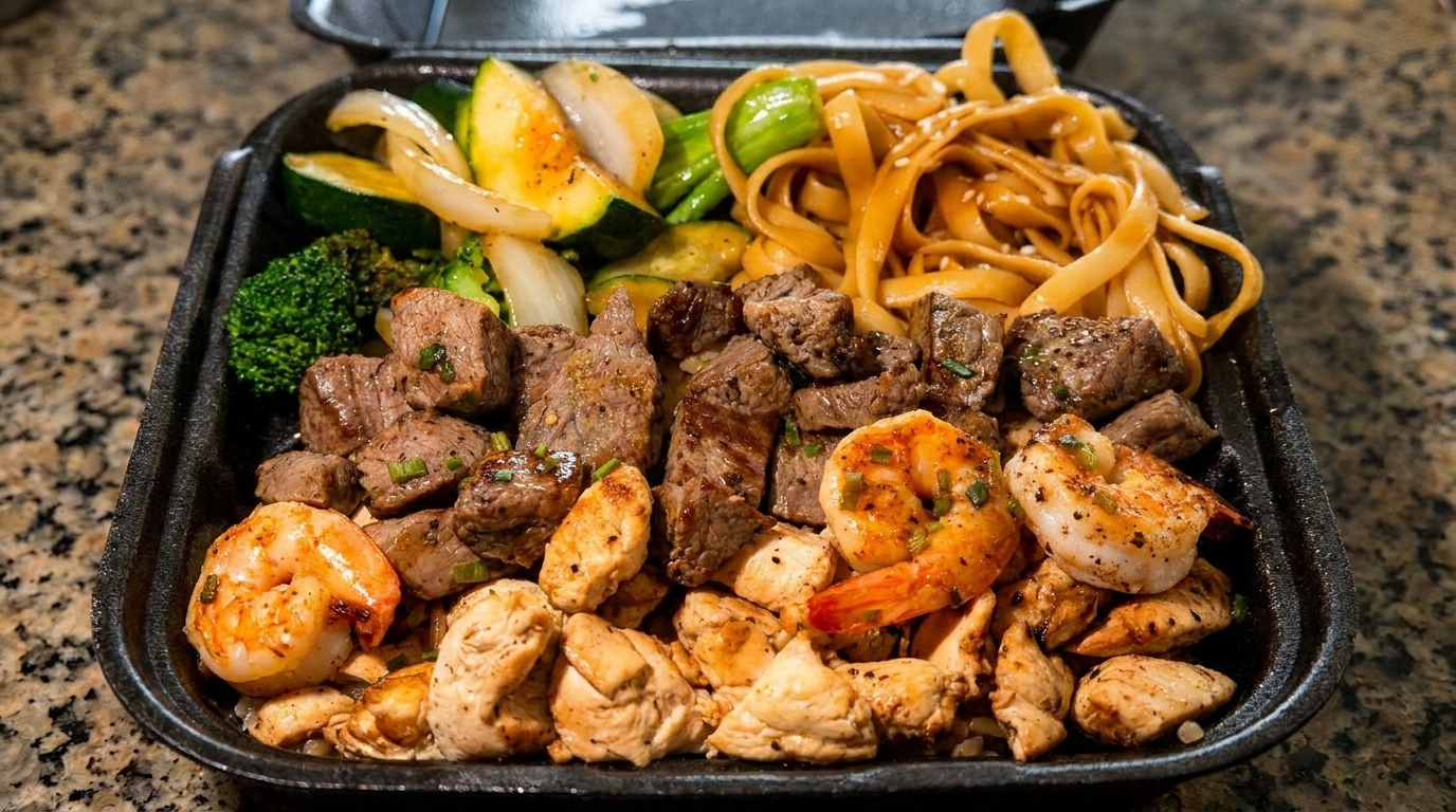 A takeout container filled with hibachi steak, chicken, shrimp, noodles, broccoli, zucchini, and onions.