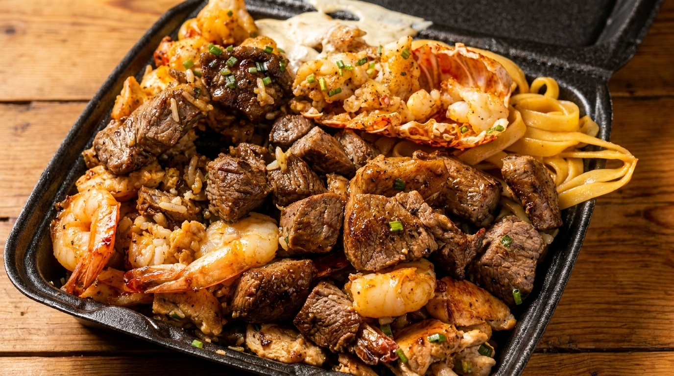 Hibachi steak, shrimp, chicken, lobster, rice, and noodles in a black takeout container.