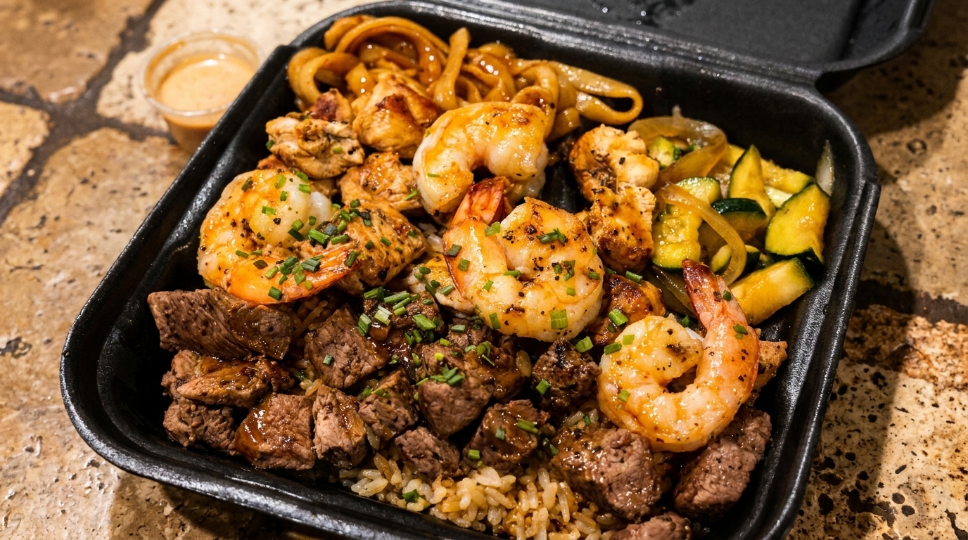 Hibachi takeout container with steak, shrimp, chicken, noodles, rice, and zucchini.