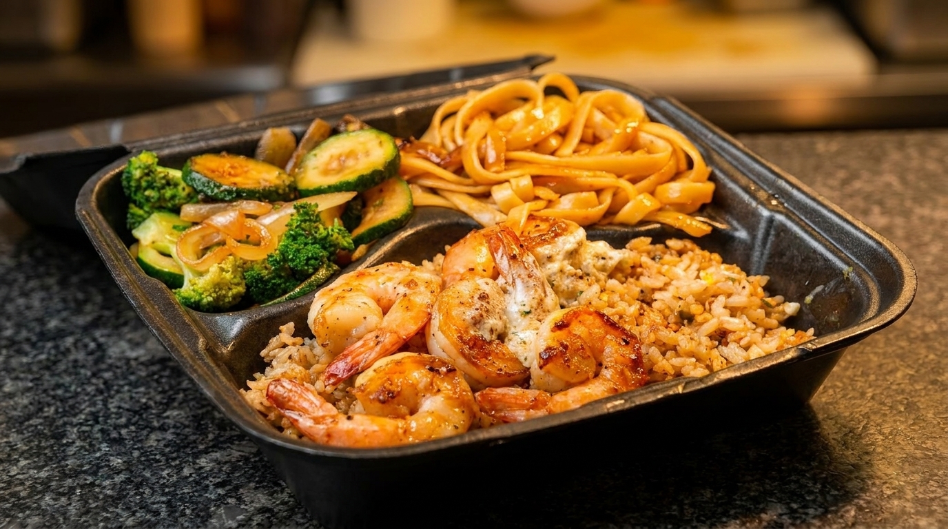 Shrimp, rice, noodles, and mixed vegetables in a black takeout container on a dark counter.