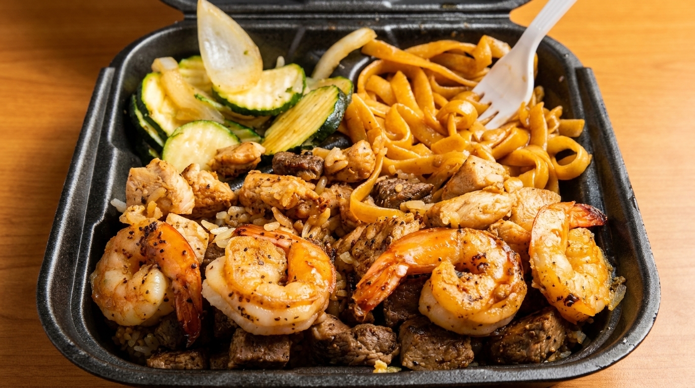 Hibachi takeout meal with shrimp, chicken, steak, noodles, zucchini, and onions in a black container.