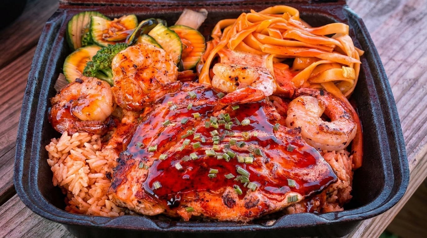 Teriyaki salmon and shrimp with rice, noodles, and vegetables in a black takeout container.