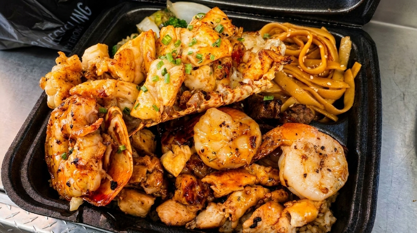 A takeout container filled with grilled lobster, shrimp, chicken, noodles, and vegetables.