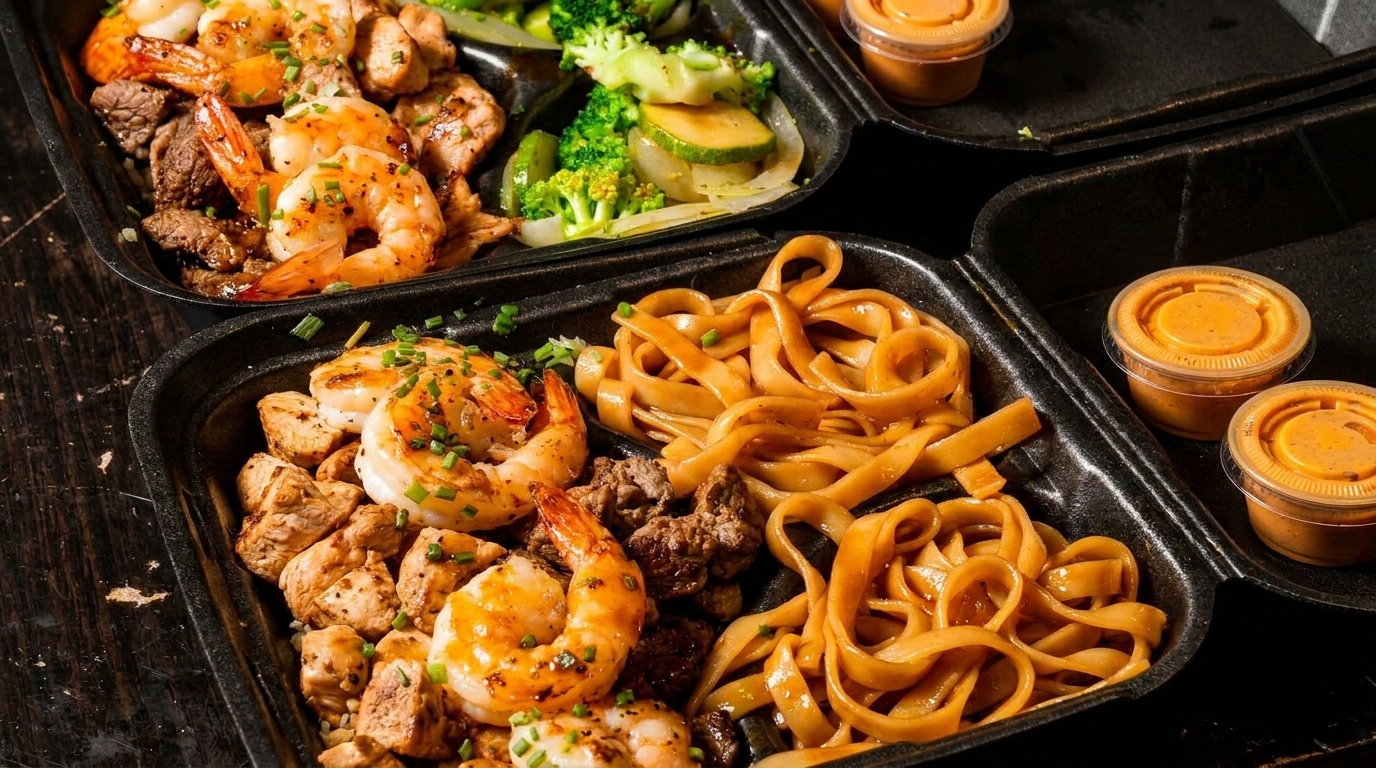 Two takeout containers filled with shrimp, chicken, steak, noodles, and vegetables, with sauce cups.