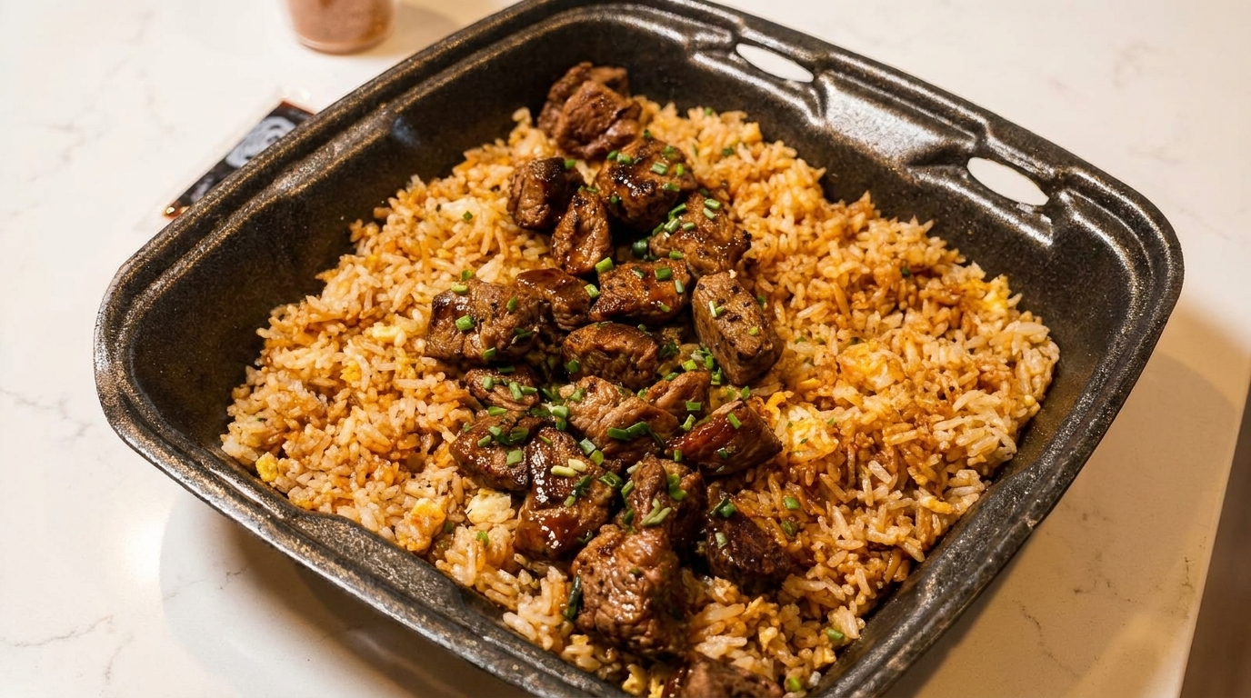 Savory beef cubes and fried rice with chives in a black takeout container on a white marble surface.