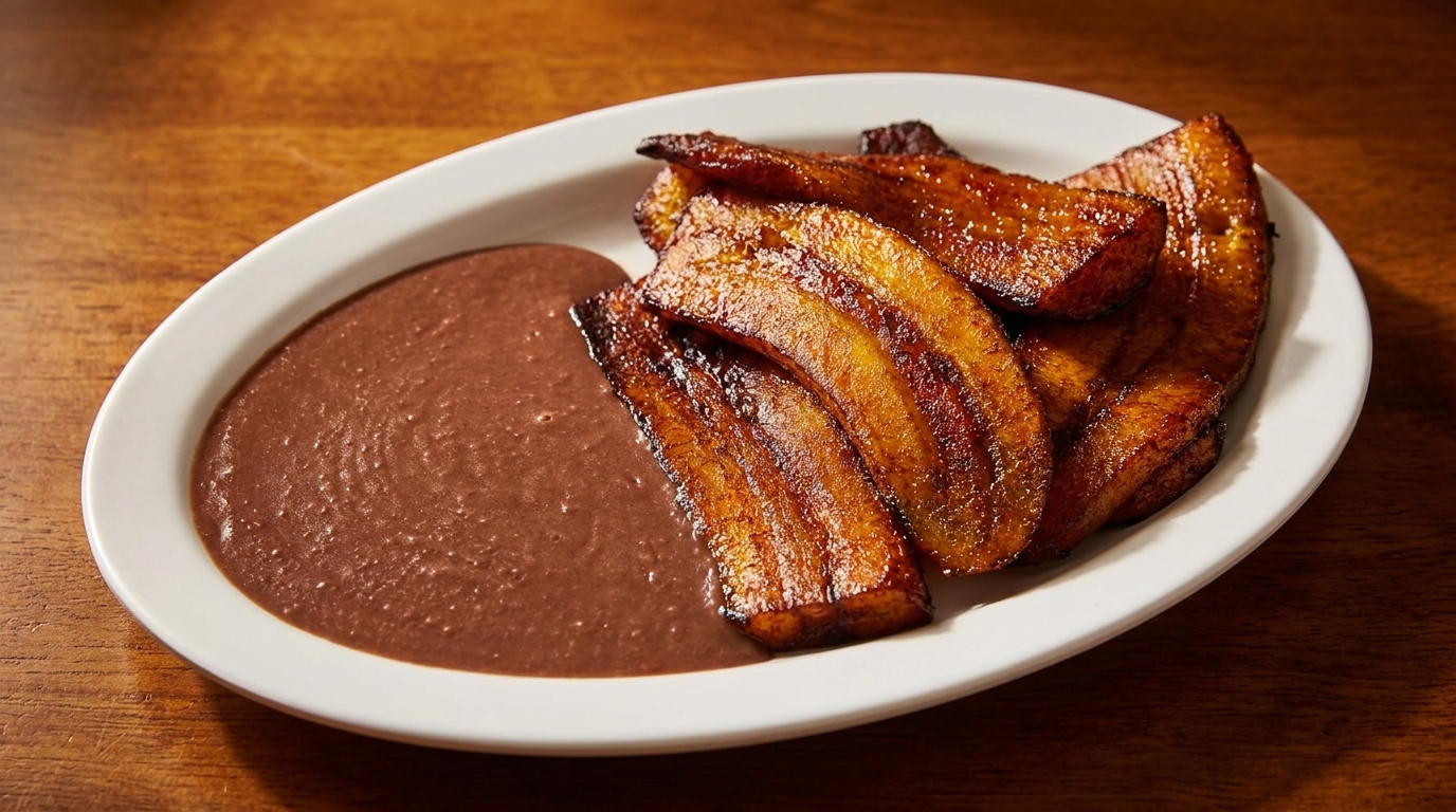 A white oval plate holds golden-brown fried plantains next to a pool of dark brown bean puree.