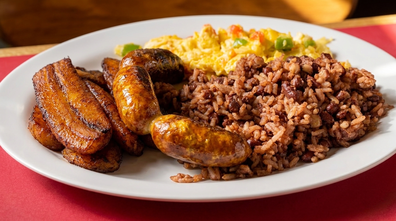 A white plate with fried plantains, sausages, scrambled eggs, and rice with beans.