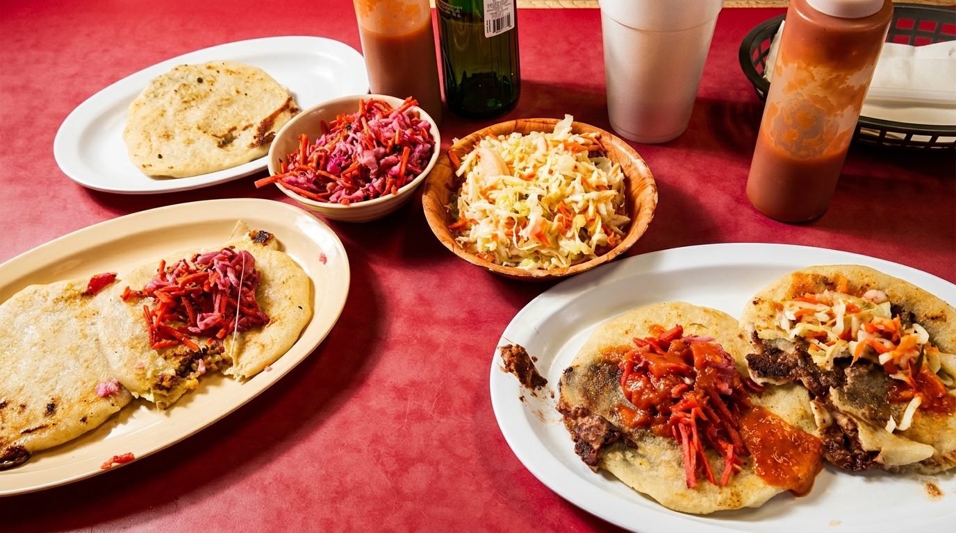 Table spread with pupusas, curtido, and hot sauce on a red tablecloth.