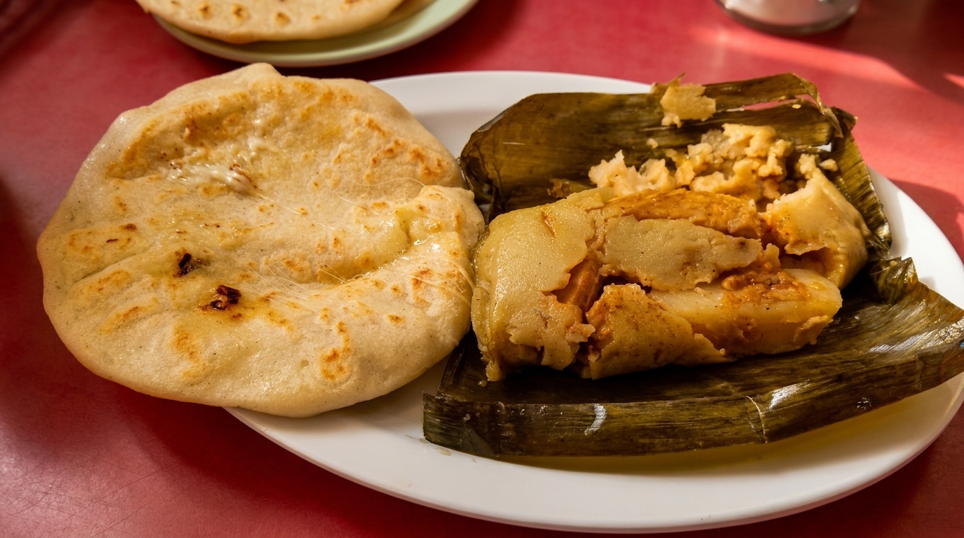 A white plate holds a cheese pupusa and a tamale wrapped in a banana leaf.
