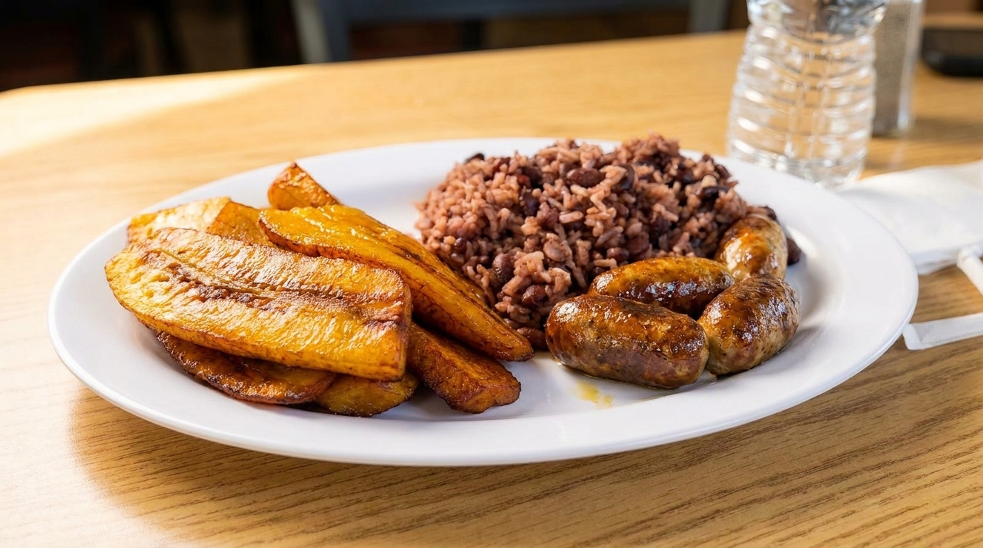 A white plate with fried plantains, rice and beans, and four sausages on a wooden table.