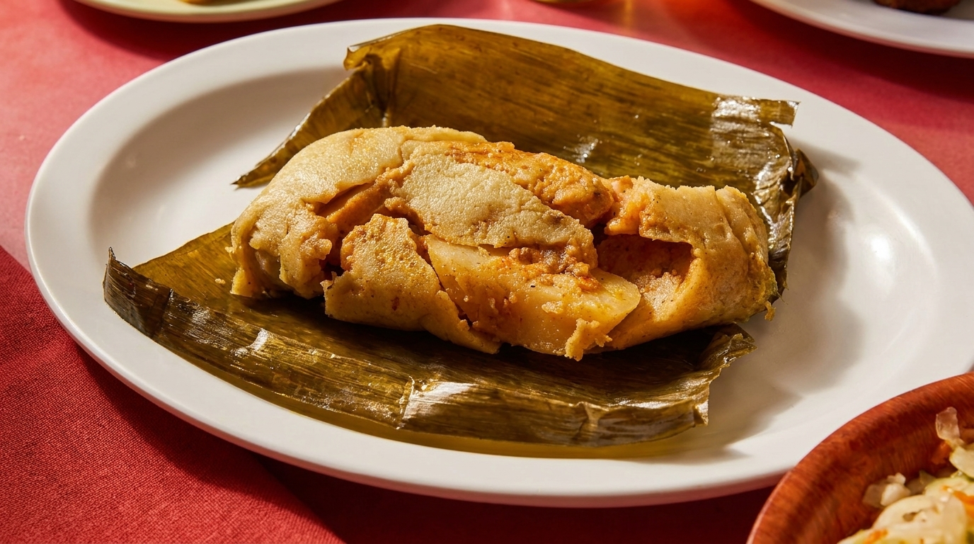 A tamale, partially unwrapped from its banana leaf, sits on a white plate with a red tablecloth.