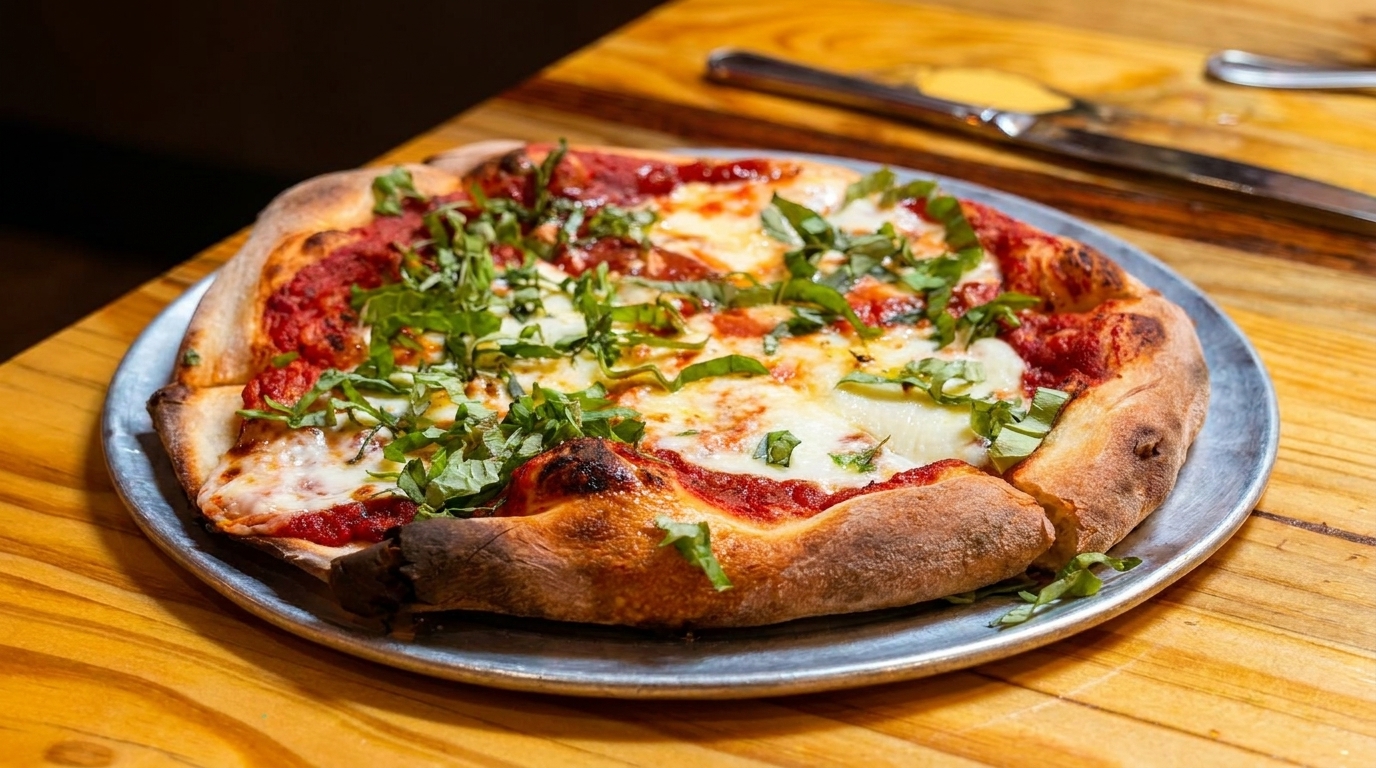 A freshly baked pizza with melted mozzarella, red sauce, and basil on a metal pan.