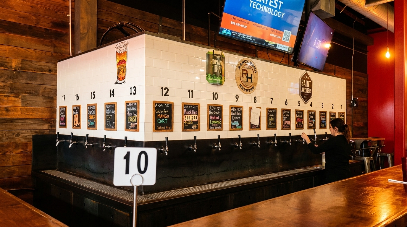 A bartender pours a drink from a wall of numbered beer taps with chalkboards listing various brews.