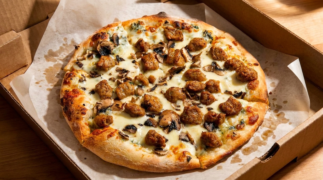 A whole pizza with sausage, mushrooms, and white cheese in a cardboard delivery box.