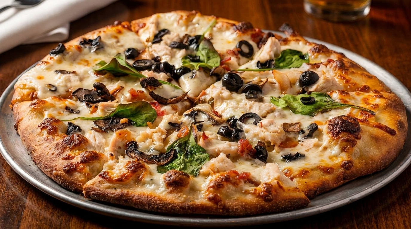 A whole chicken, mushroom, olive, and spinach pizza on a metal pan, with a drink in the background.