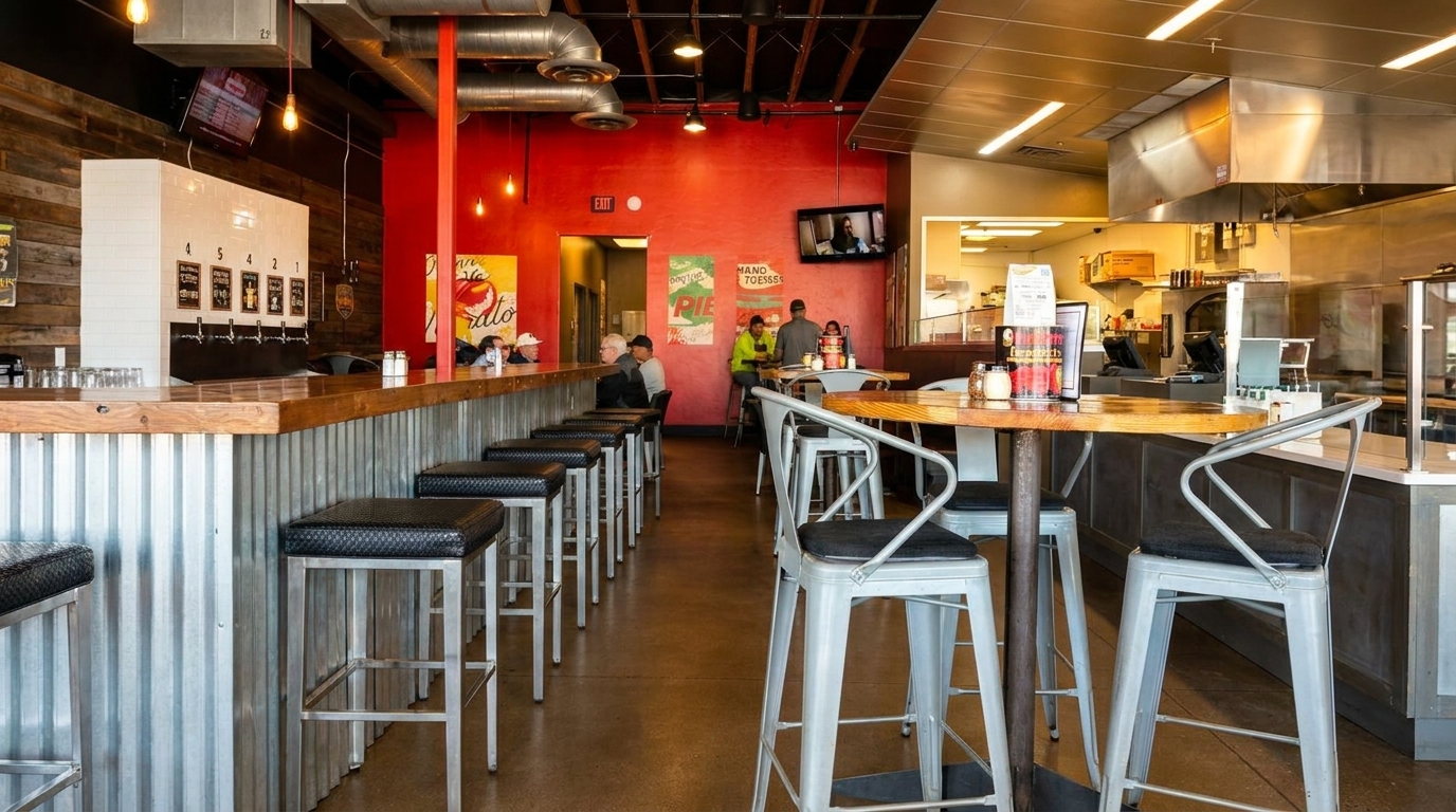 Restaurant interior with a long bar, high-top tables, and a view into the kitchen area.