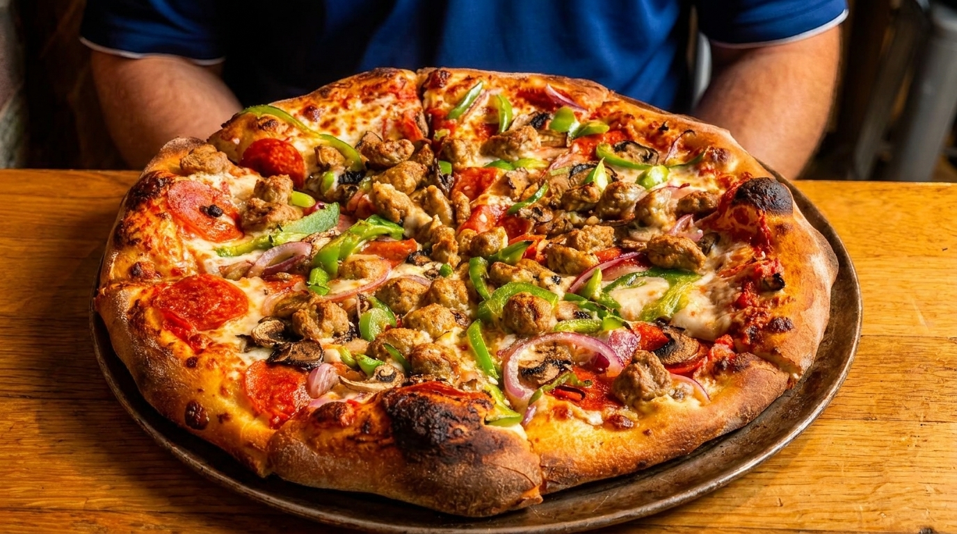 A large, hot pizza with pepperoni, sausage, green peppers, onions, and mushrooms on a wooden table.